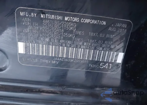 2019 Mitsubishi Outlander Es из США, поврежденный, VIN JA4AZ3A39KZ009888